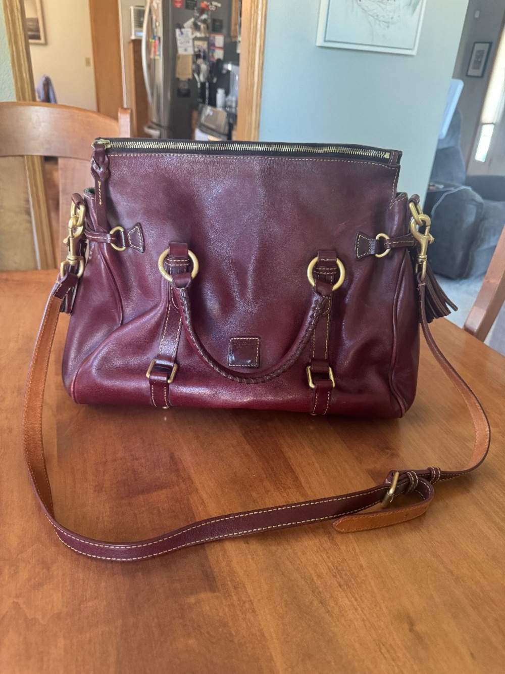 Dooney & Bourke Florentine Large Satchel Bordeaux Leather Shoulder Bag Tassels